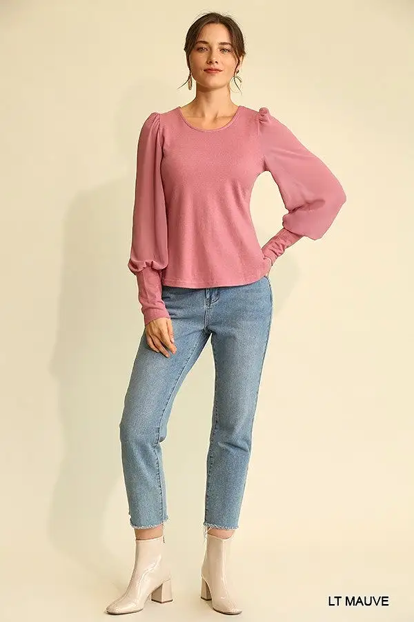 Solid Knit And Chiffon Mixed Top With Puff Long Sleeve