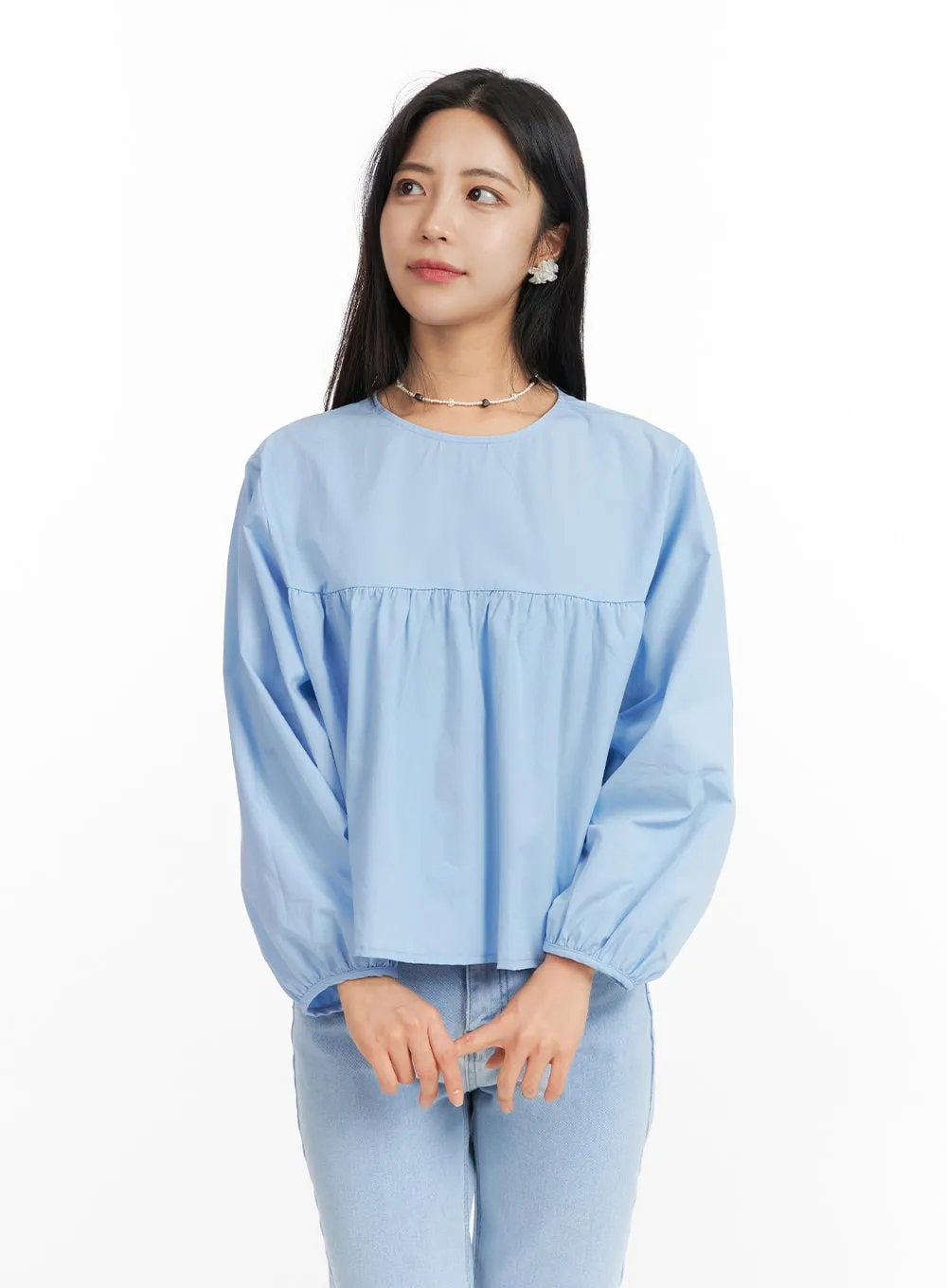 Solid Round Neck Long Sleeve Blouse OF420