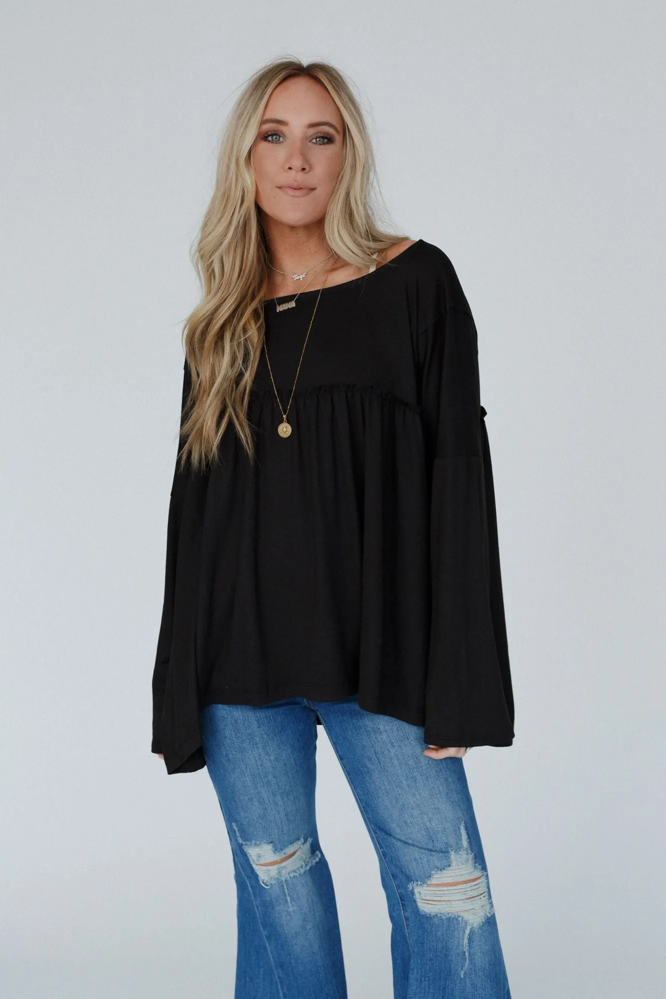 Solid Serenity Long Sleeve Babydoll Top - Black