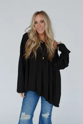 Solid Serenity Long Sleeve Babydoll Top - Black