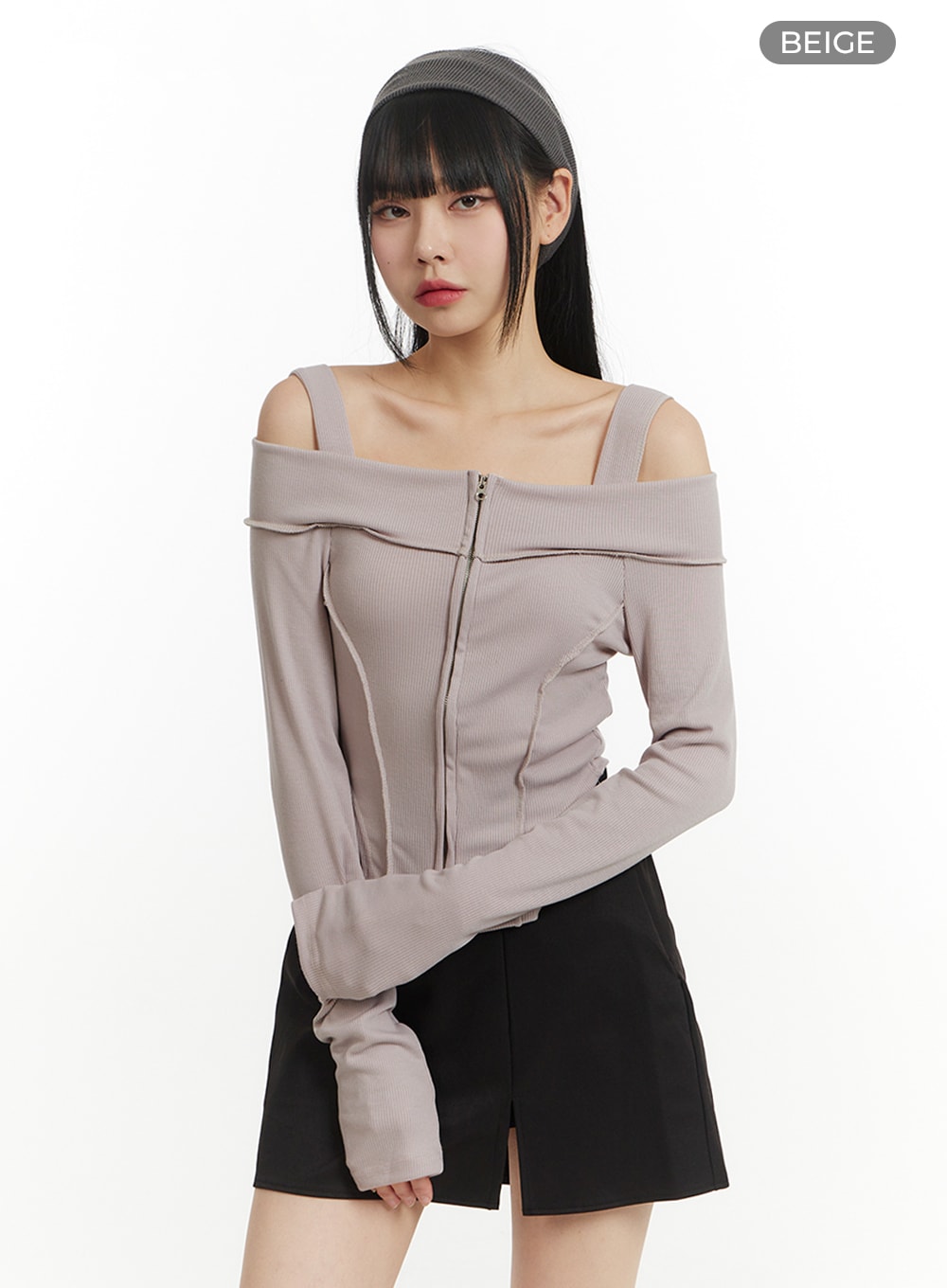 Solid Zipper Detail Off Shoulder Long Sleeve IM406