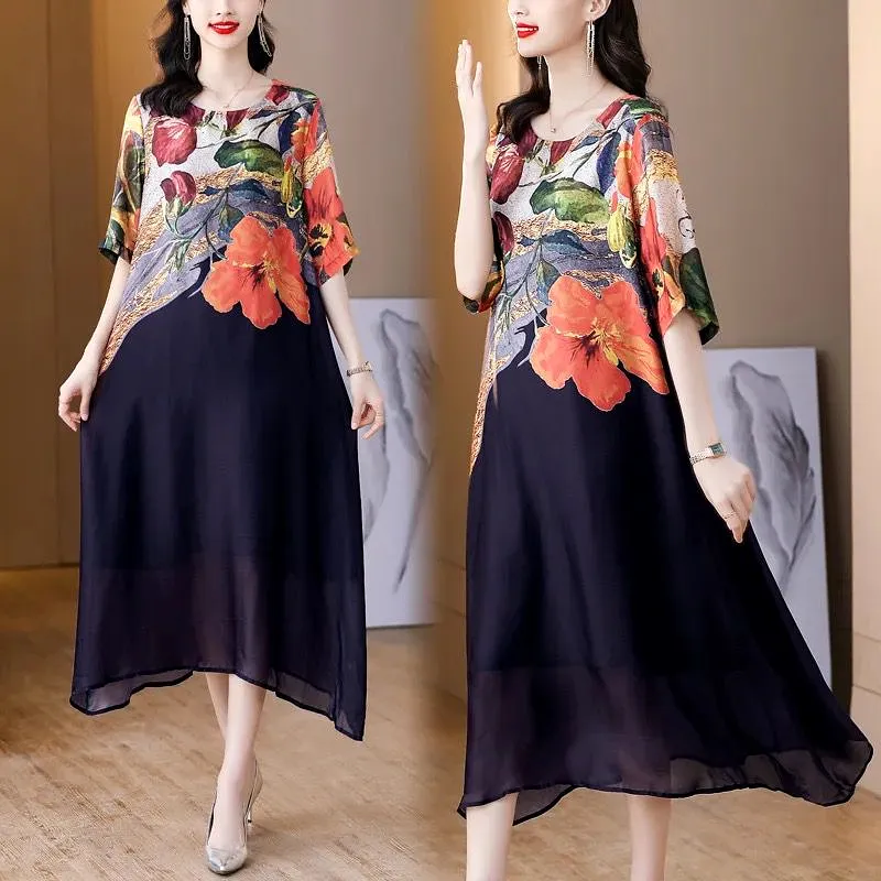 Spring and Summer Foreign Silkworm Printed Round Neck Short-Sleeved Silk Dress B-94811