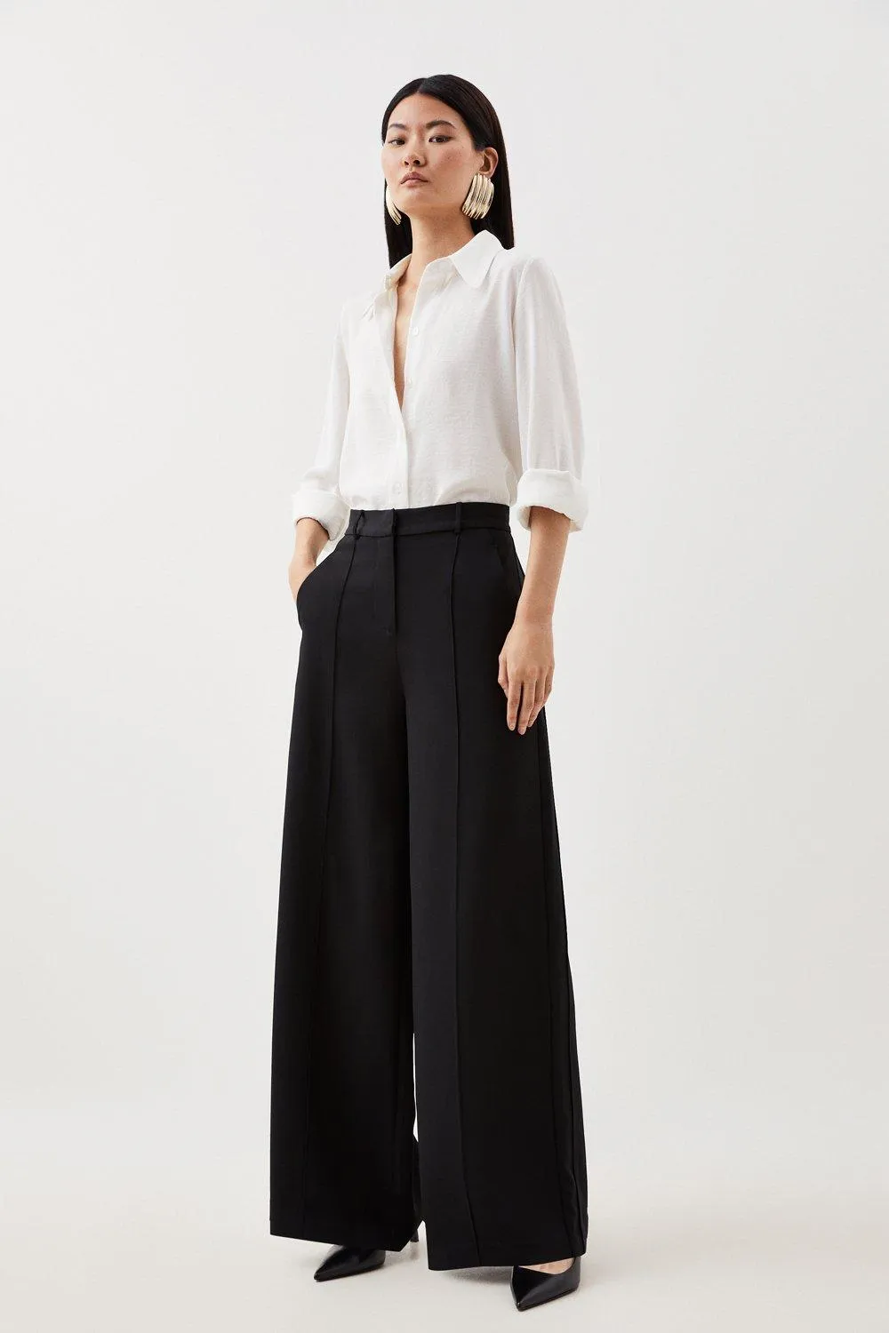 Tall Premium Woven Viscose Crepe Wide Leg Trouser | Karen Millen