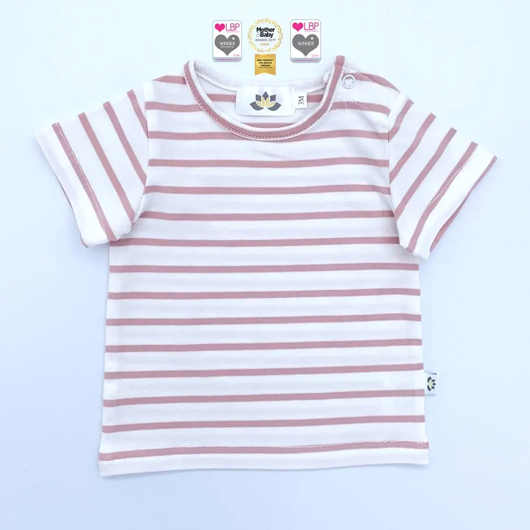 The Juno – Short-Sleeved Baby/Child Twinning Top – Rose & Ecru Stripe