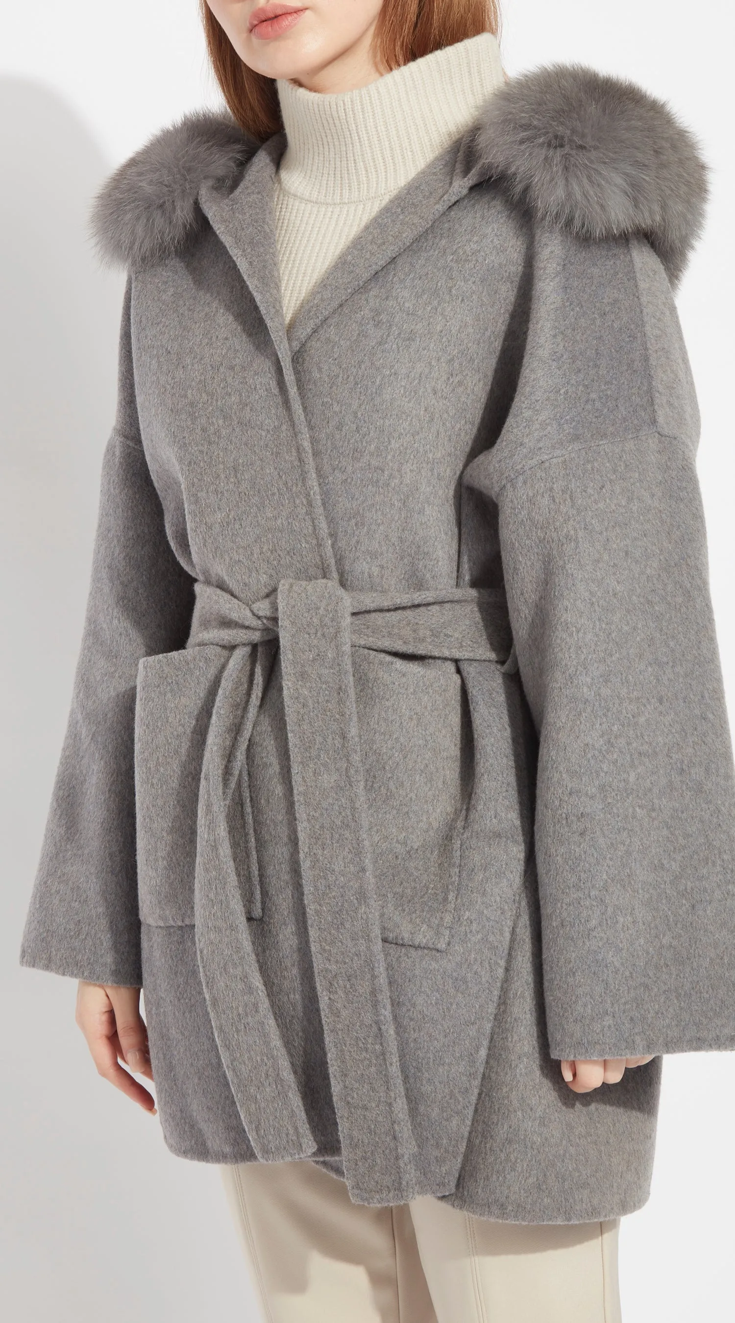 The London Cashmere & Fox Fur Belted Coat - Grey