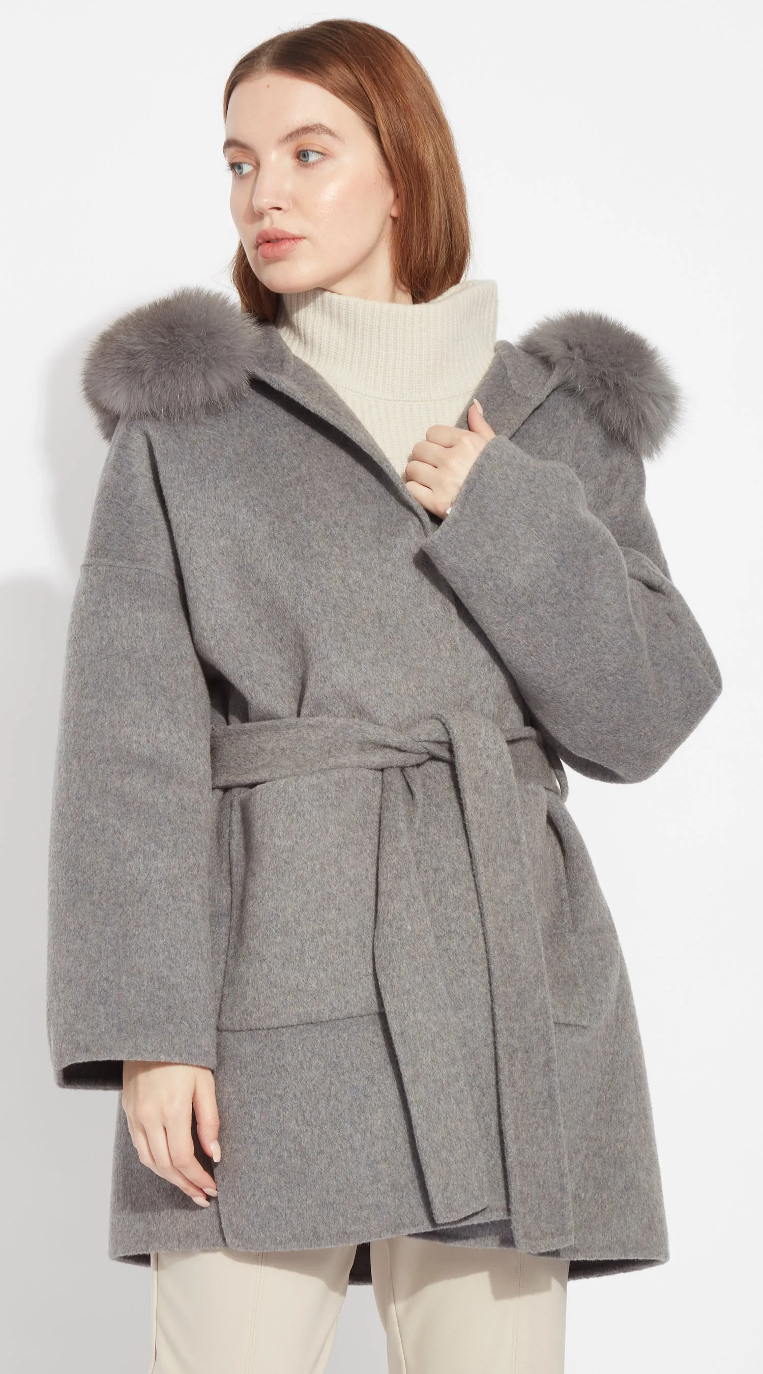 The London Cashmere & Fox Fur Belted Coat - Grey