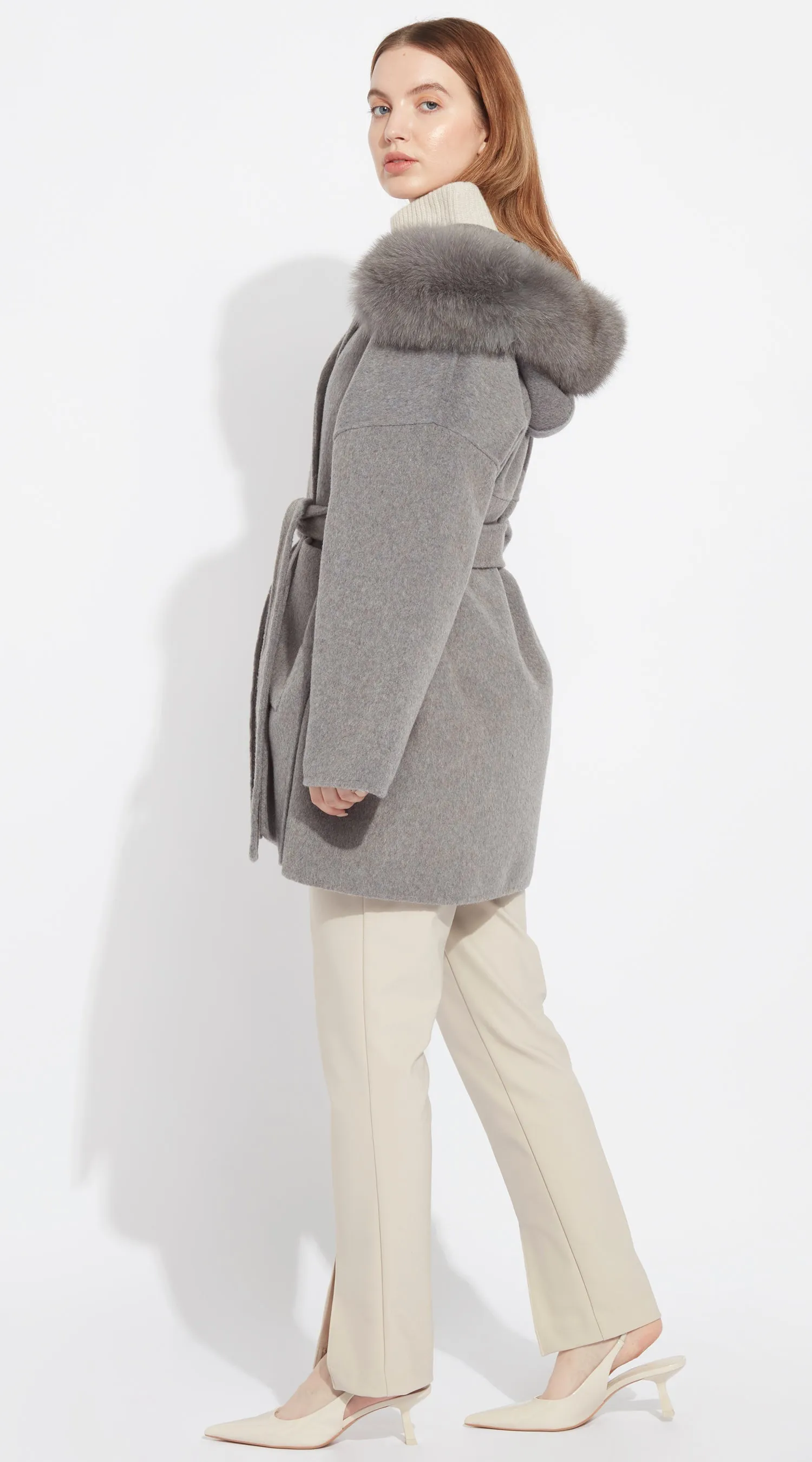 The London Cashmere & Fox Fur Belted Coat - Grey