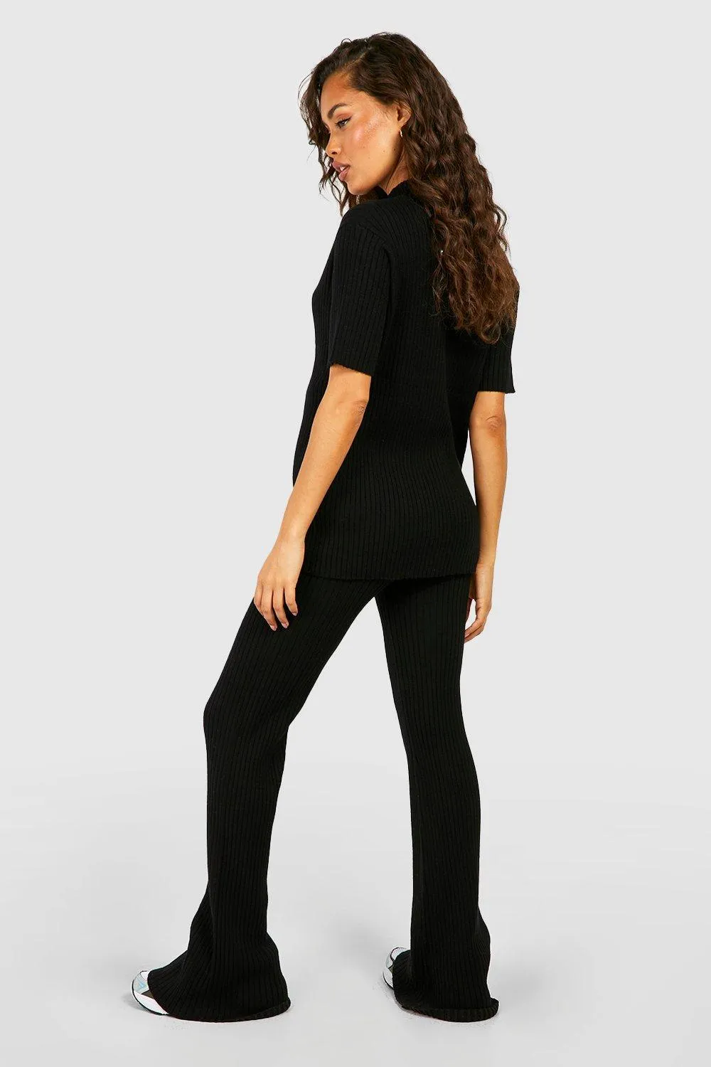 Trouser Co-ords | Rib Knitted Tunic And Wide Leg Trouser Set | boohoo