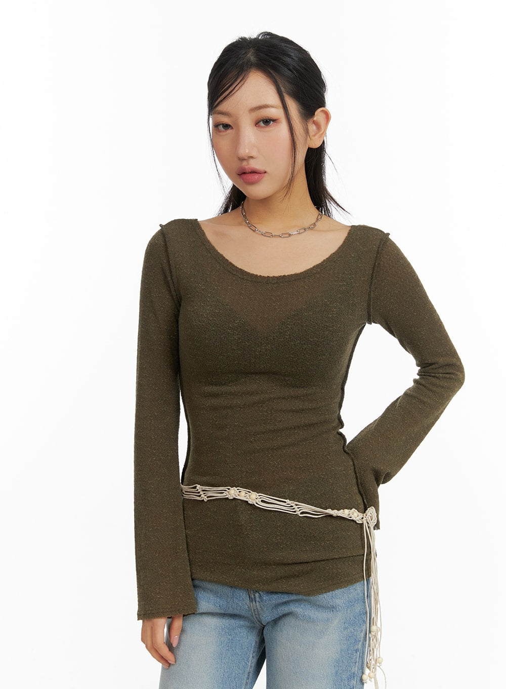 U-Neck Stitch Detail Long Sleeve CM411