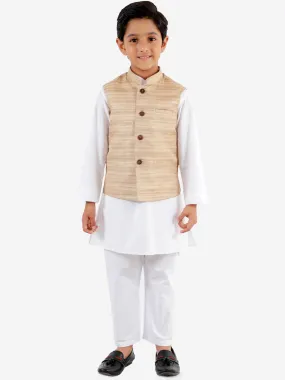 Vastramay Boys Beige And White Jacket, Kurta and Pyjama Set