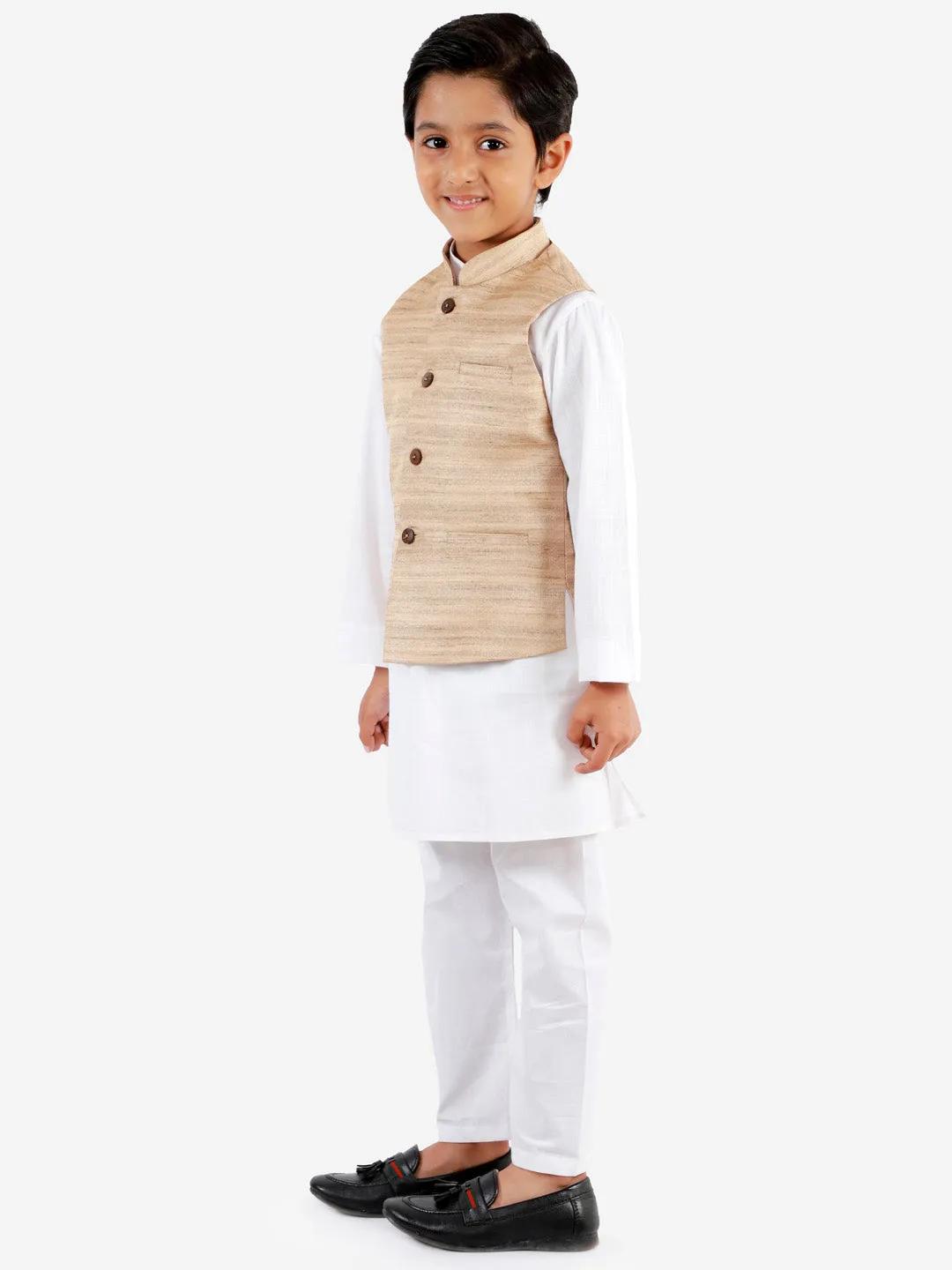 Vastramay Boys Beige And White Jacket, Kurta and Pyjama Set