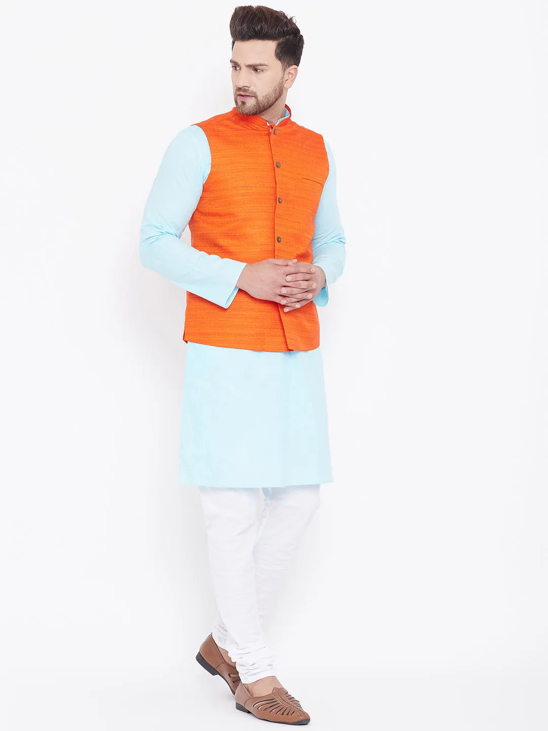 VASTRAMAY Men's Orange, Aqua And White Cotton Blend Jacket, Kurta and Pyjama Set