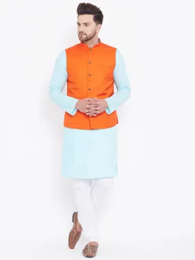 VASTRAMAY Men's Orange, Aqua And White Cotton Blend Jacket, Kurta and Pyjama Set