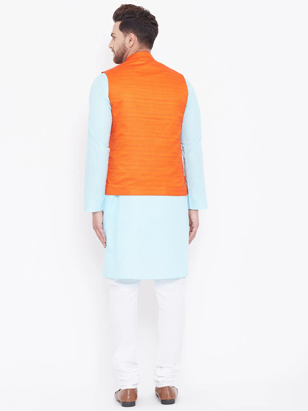 VASTRAMAY Men's Orange, Aqua And White Cotton Blend Jacket, Kurta and Pyjama Set