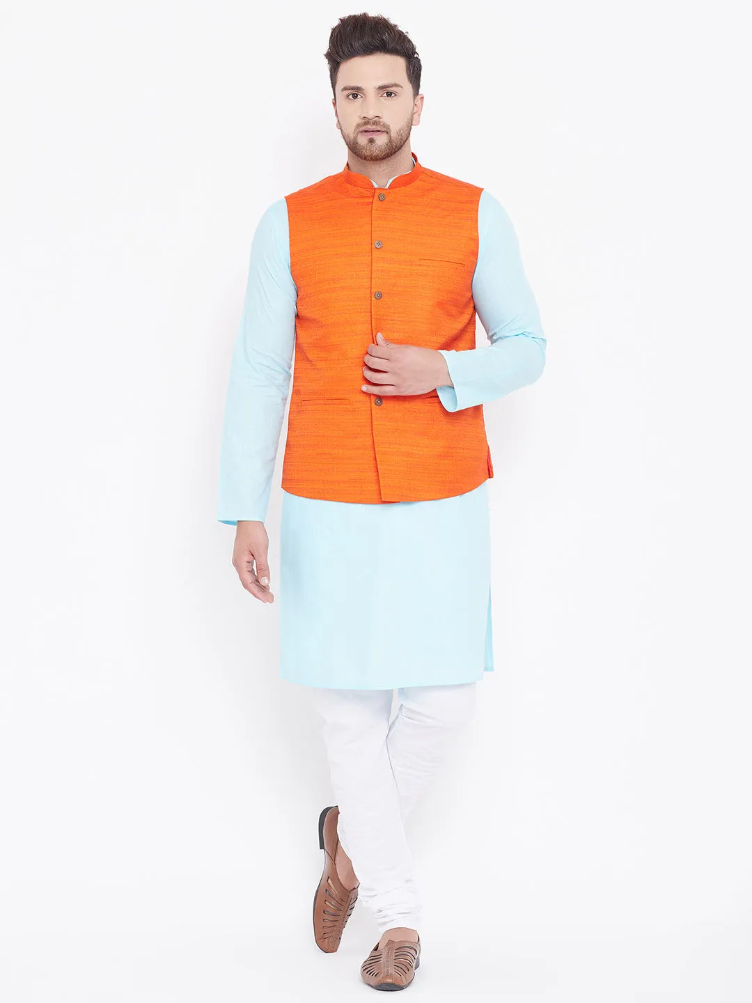 VASTRAMAY Men's Orange, Aqua And White Cotton Blend Jacket, Kurta and Pyjama Set