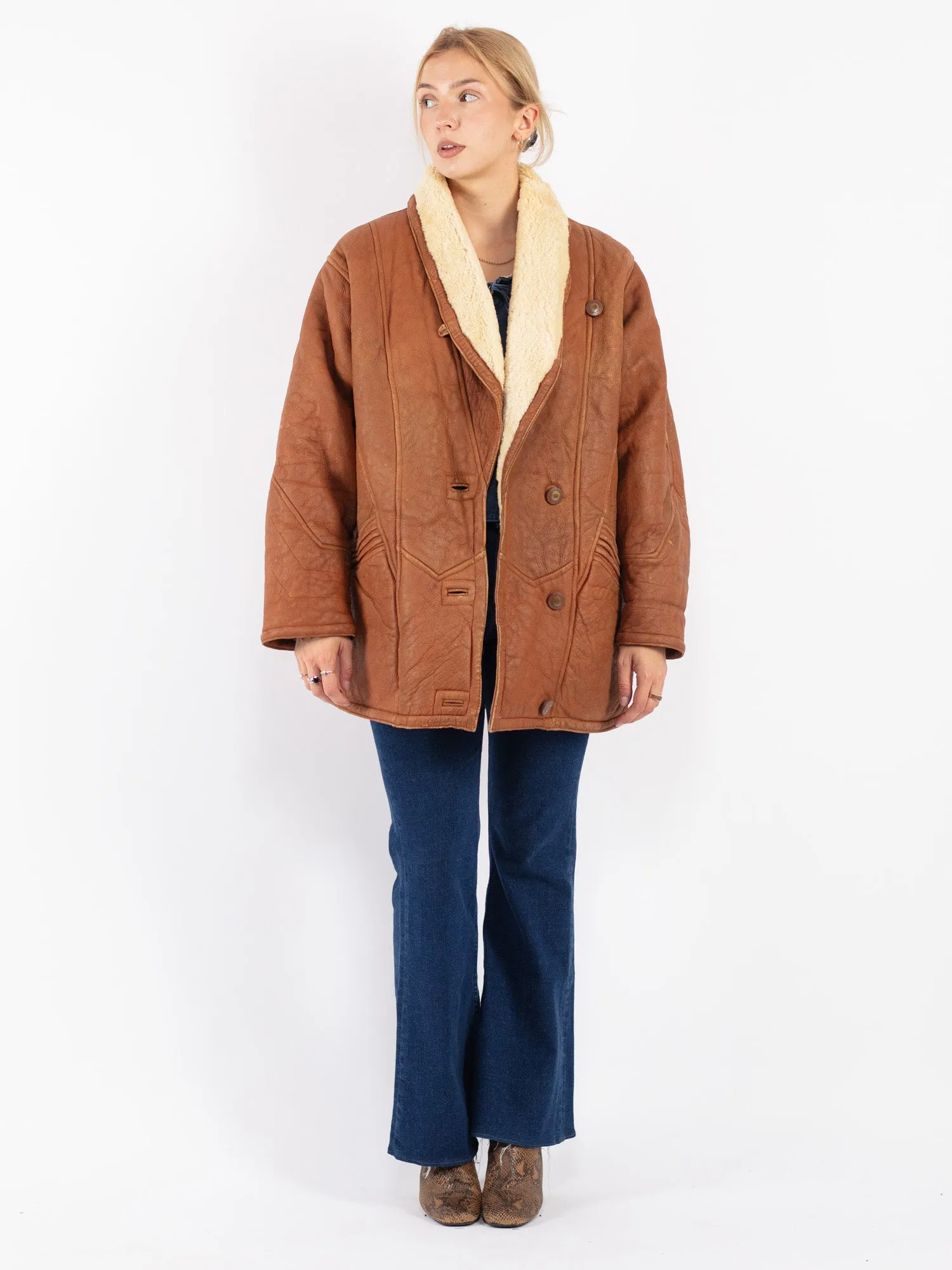 Vintage 80's Women Sheepskin Coat in Brown