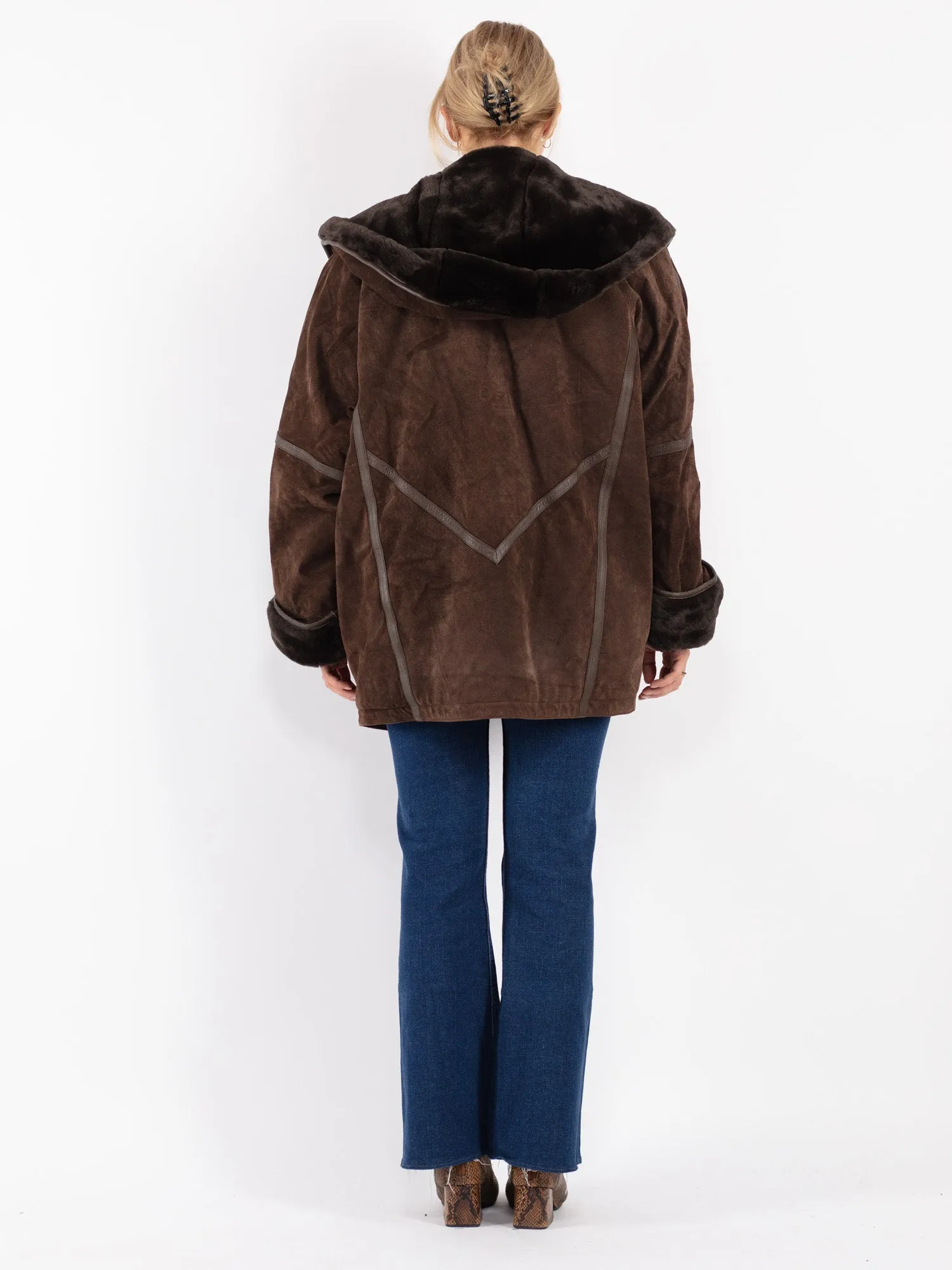 Vintage 90's Women Hooded Suede Sherpa Coat in Brown