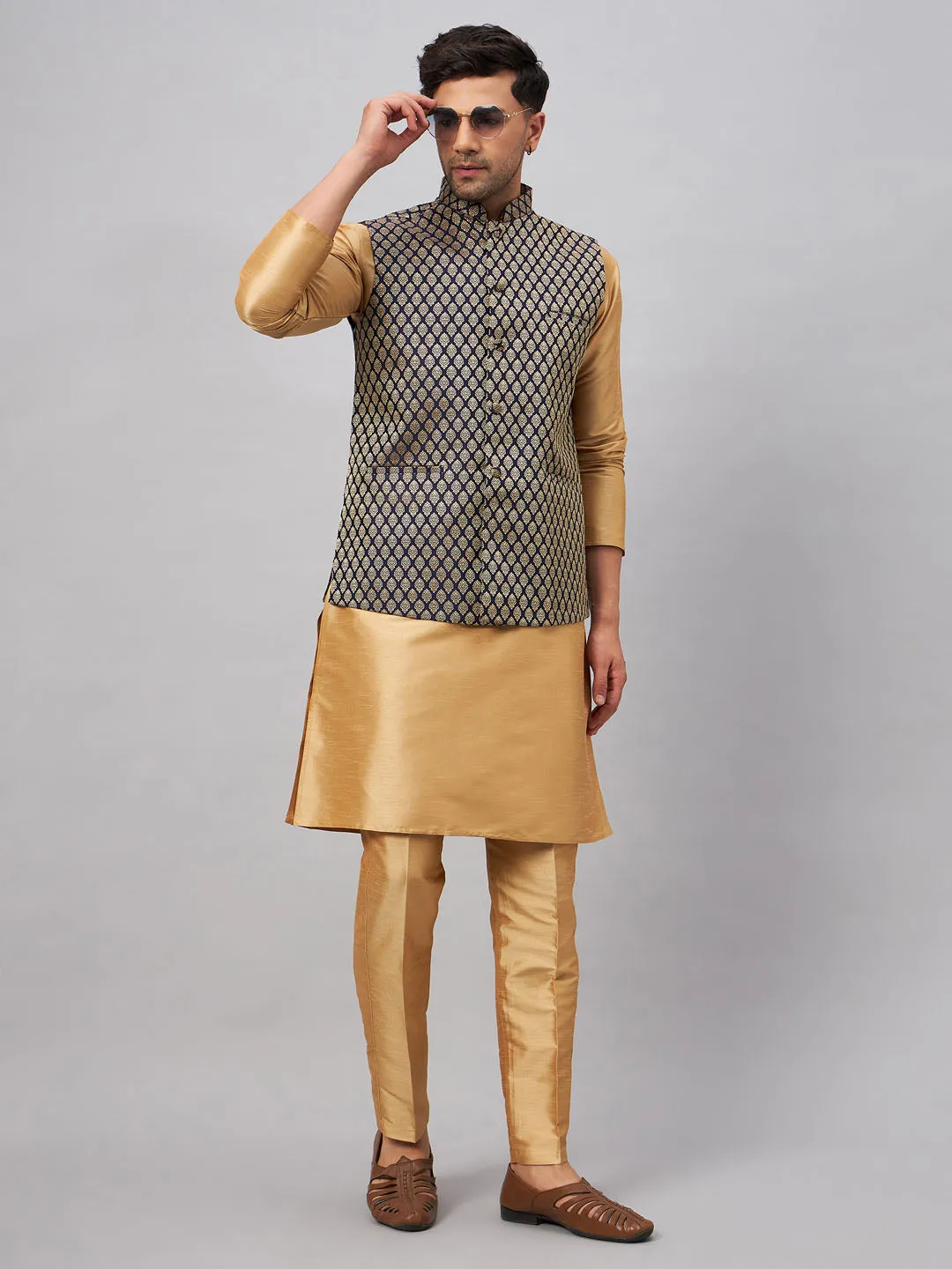 VM BY VASTRAMAY Men's Blue Ethnic Jacket With Rose Gold Silk Blend Kurta and Pant Style Pyjama Set