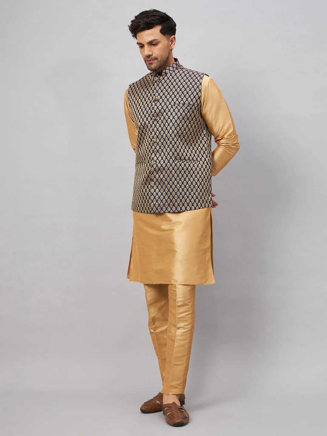 VM BY VASTRAMAY Men's Blue Ethnic Jacket With Rose Gold Silk Blend Kurta and Pant Style Pyjama Set