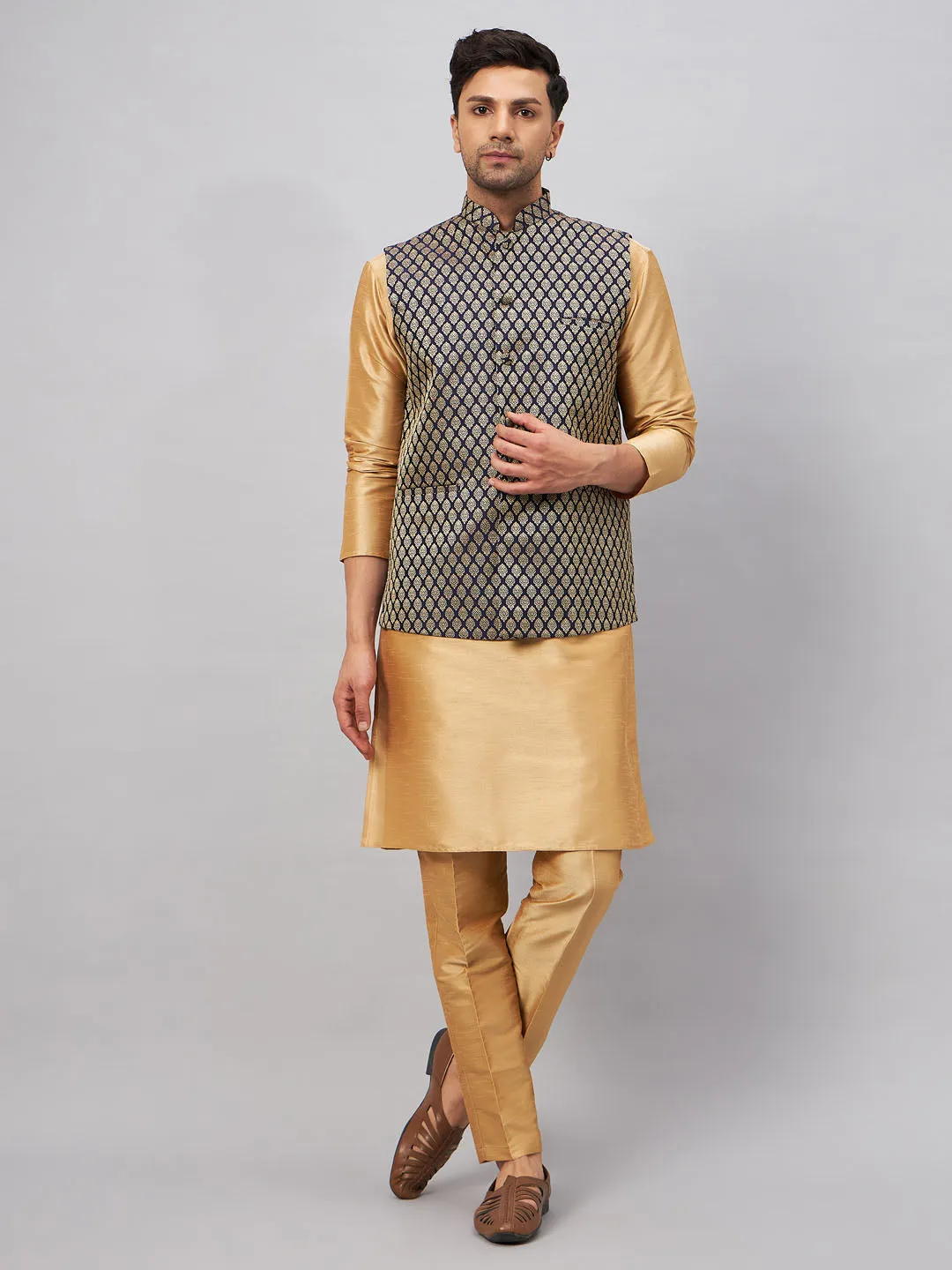 VM BY VASTRAMAY Men's Blue Ethnic Jacket With Rose Gold Silk Blend Kurta and Pant Style Pyjama Set