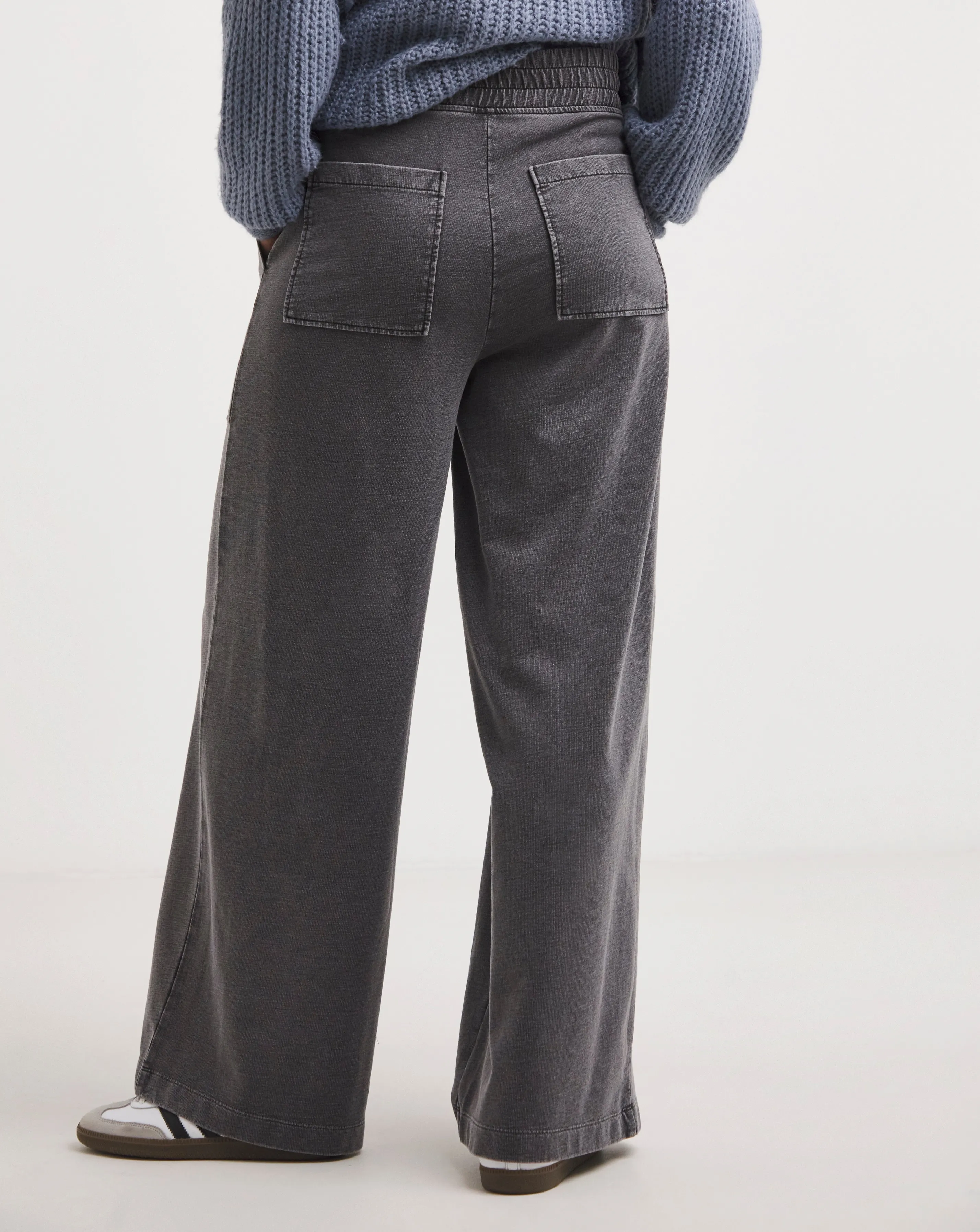 Washed Grey Cotton Mix Jersey Wide Leg Trouser