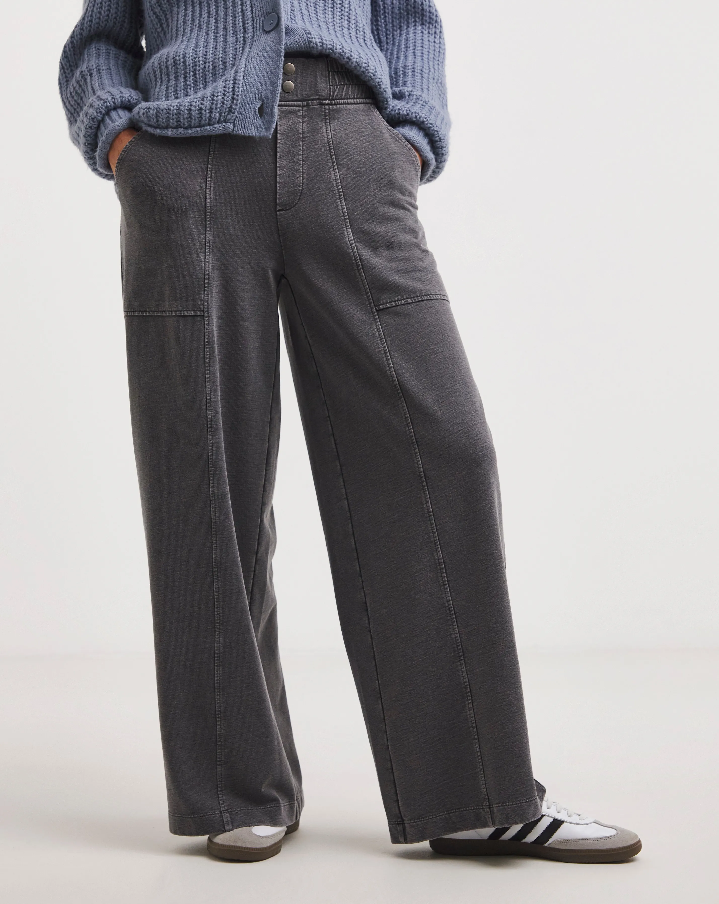 Washed Grey Cotton Mix Jersey Wide Leg Trouser