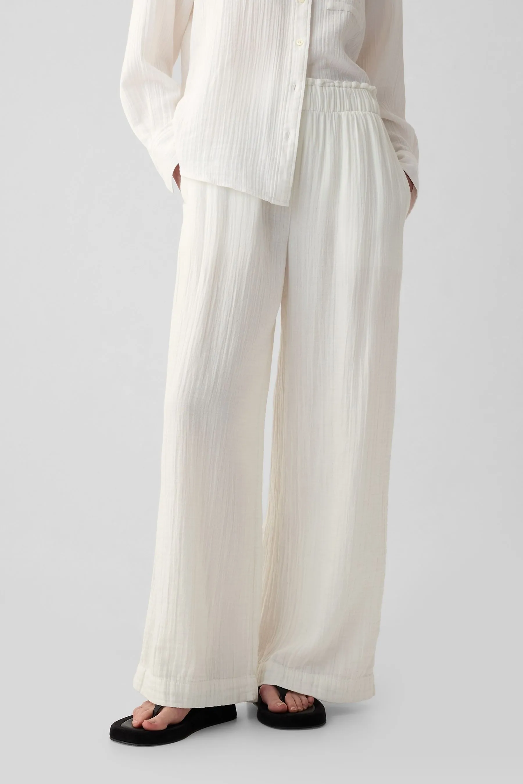 White Crinkle Cotton Wide Leg Pull On Trouser