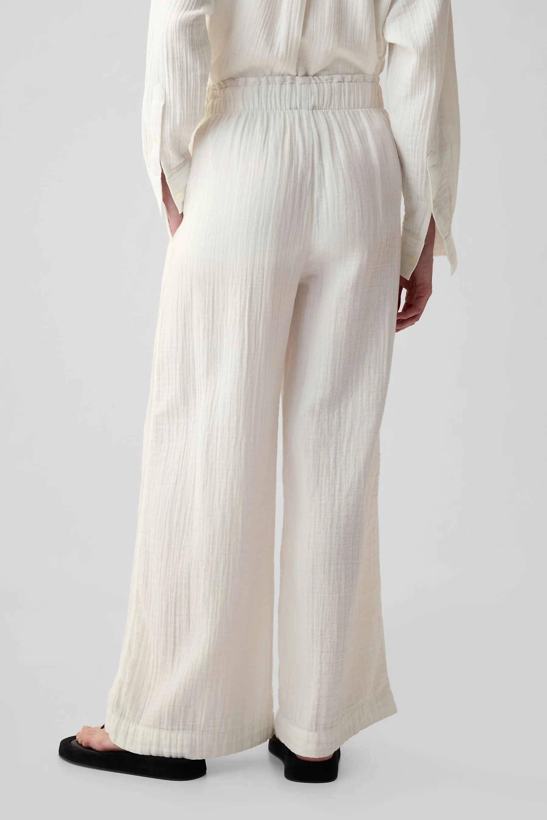 White Crinkle Cotton Wide Leg Pull On Trouser