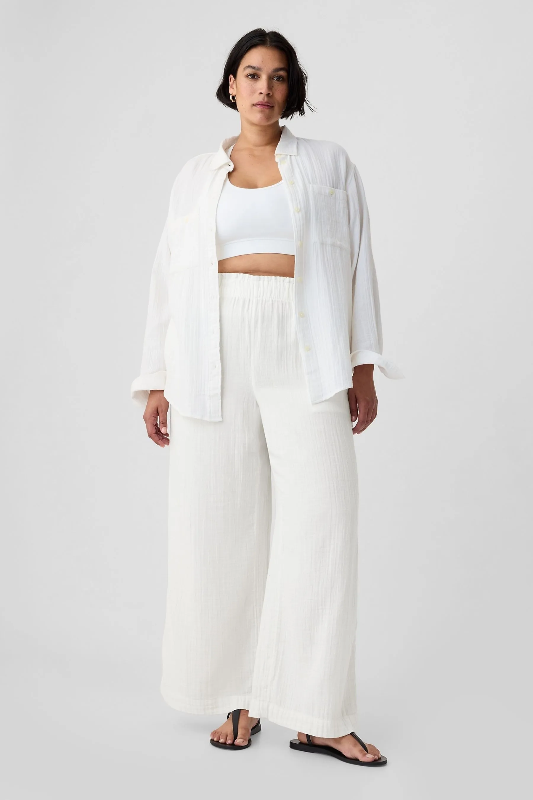 White Crinkle Cotton Wide Leg Pull On Trouser