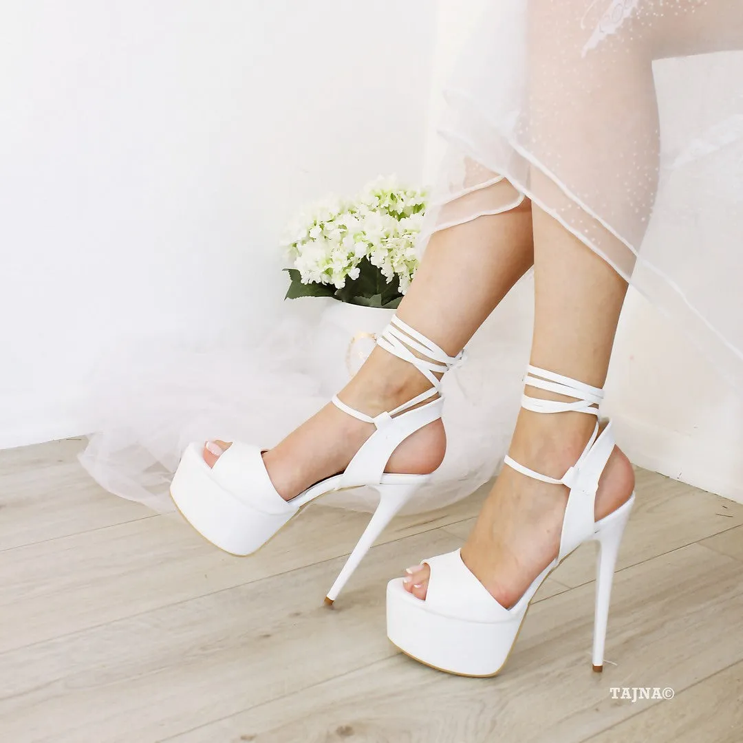 White Lace Up High Heel Sandals