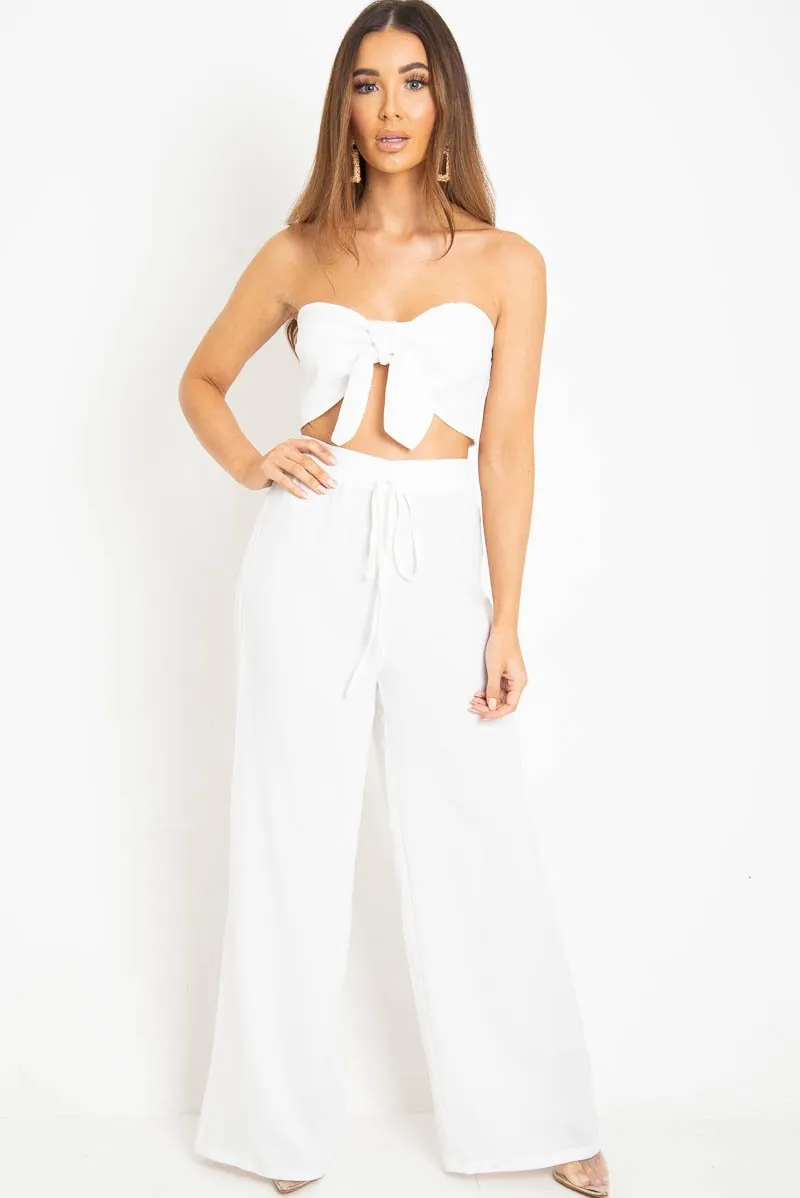 White Tie Front Bandeau Wide Leg Trouser Co-Ord - Roselia