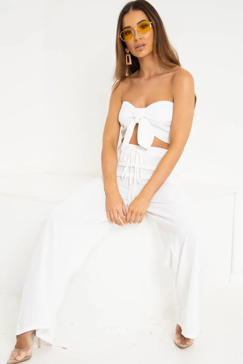 White Tie Front Bandeau Wide Leg Trouser Co-Ord - Roselia