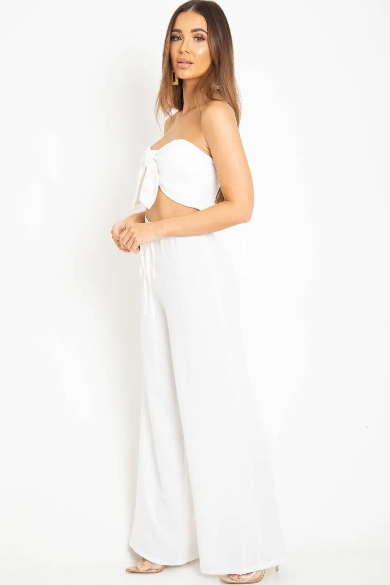 White Tie Front Bandeau Wide Leg Trouser Co-Ord - Roselia