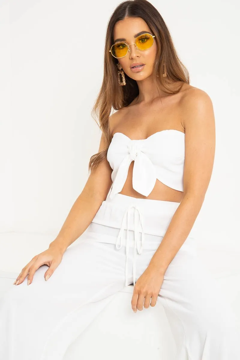 White Tie Front Bandeau Wide Leg Trouser Co-Ord - Roselia