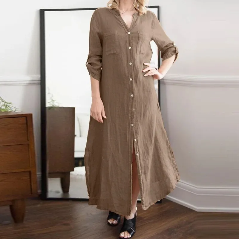 Woman Dress Solid Long Sleeve V-Neck Shirtdress