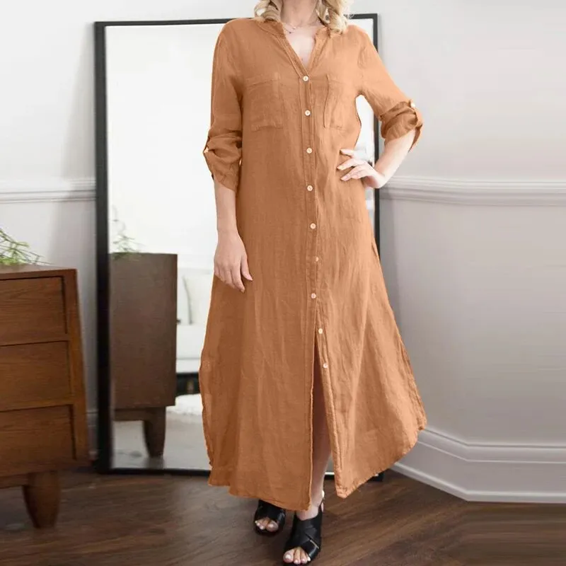 Woman Dress Solid Long Sleeve V-Neck Shirtdress