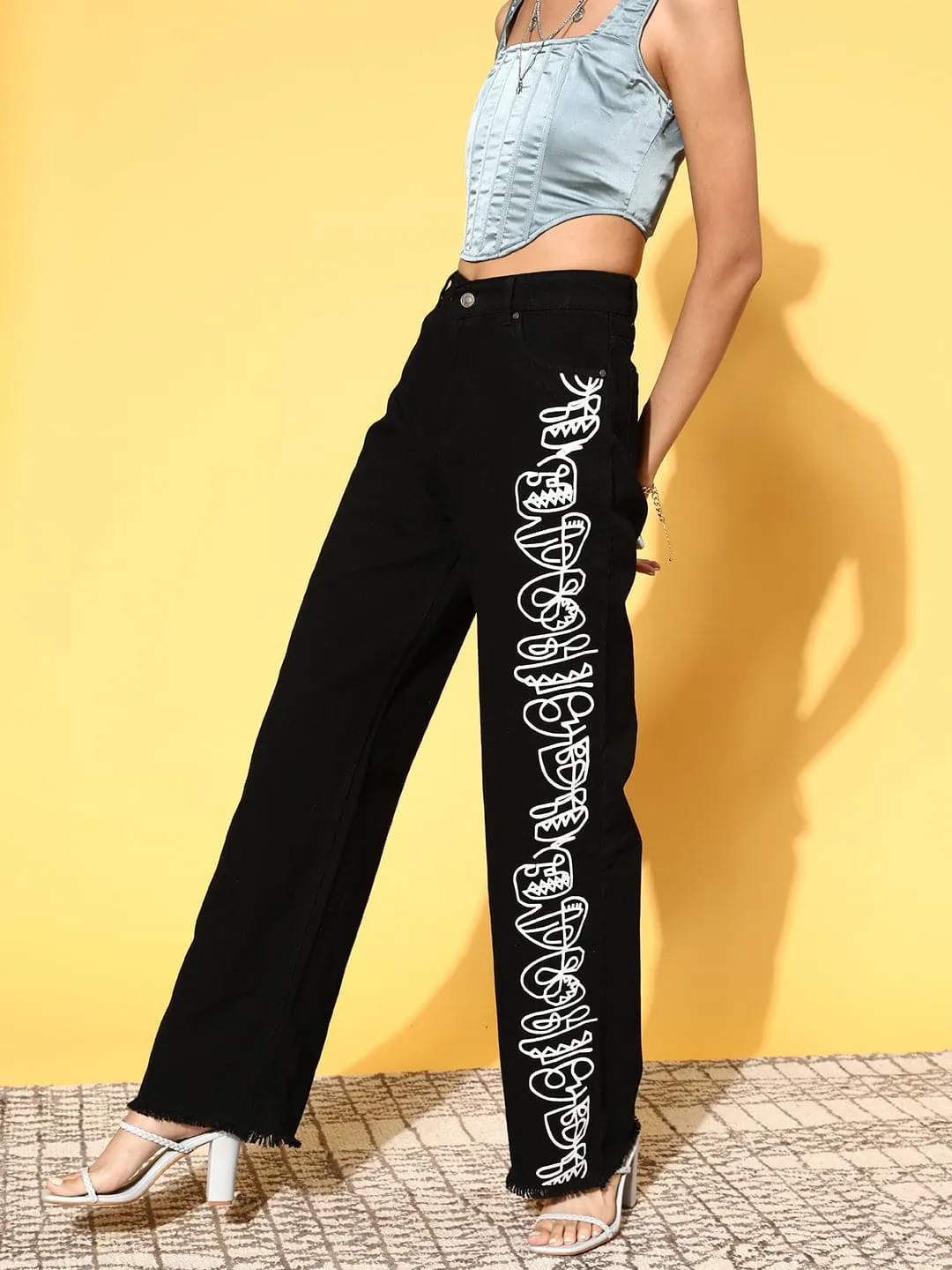 Women Black Line-Art Print Straight Jeans