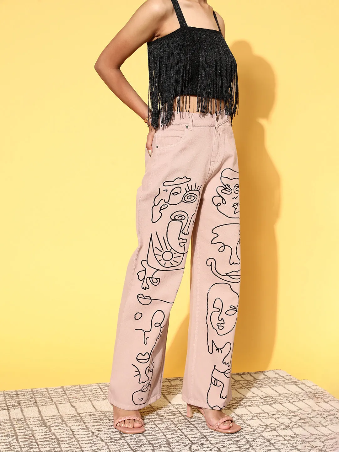 Women Nude Line-Art Print Straight Jeans