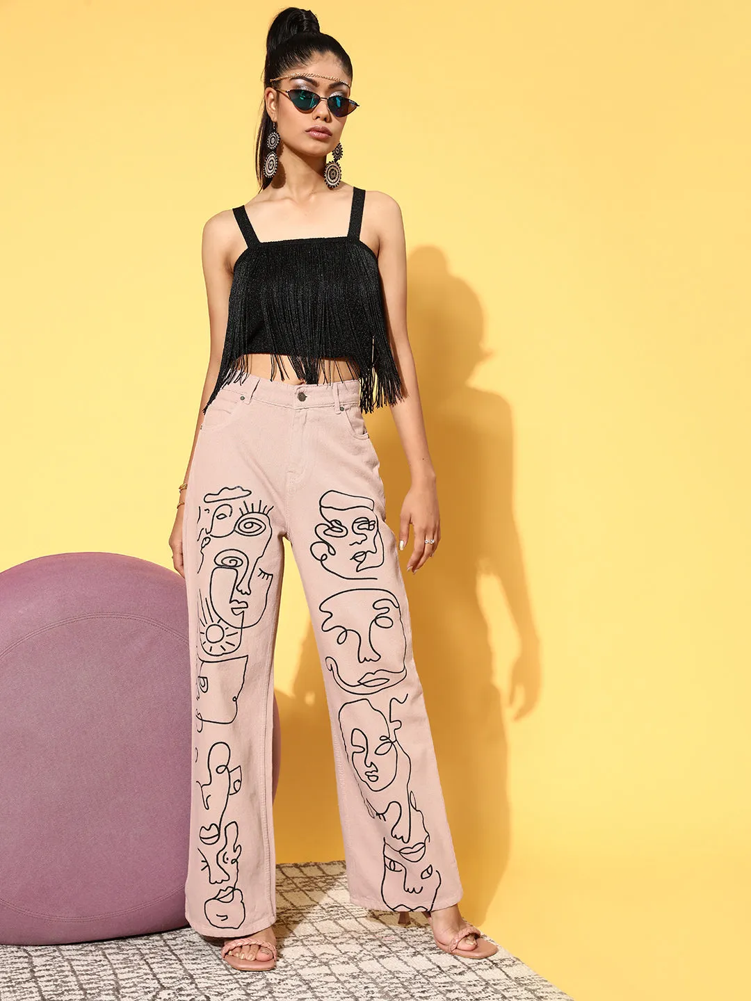 Women Nude Line-Art Print Straight Jeans