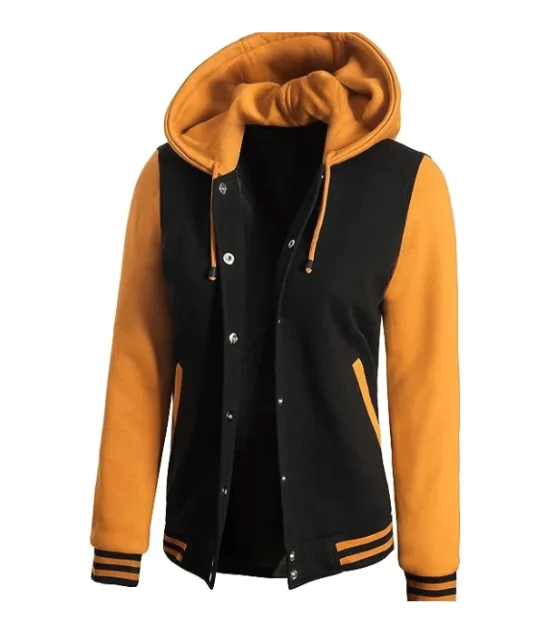 Women's Black & Yellow Hooded Varsity Jacket - Baseball Style