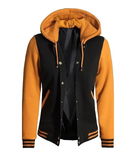 Women's Black & Yellow Hooded Varsity Jacket - Baseball Style