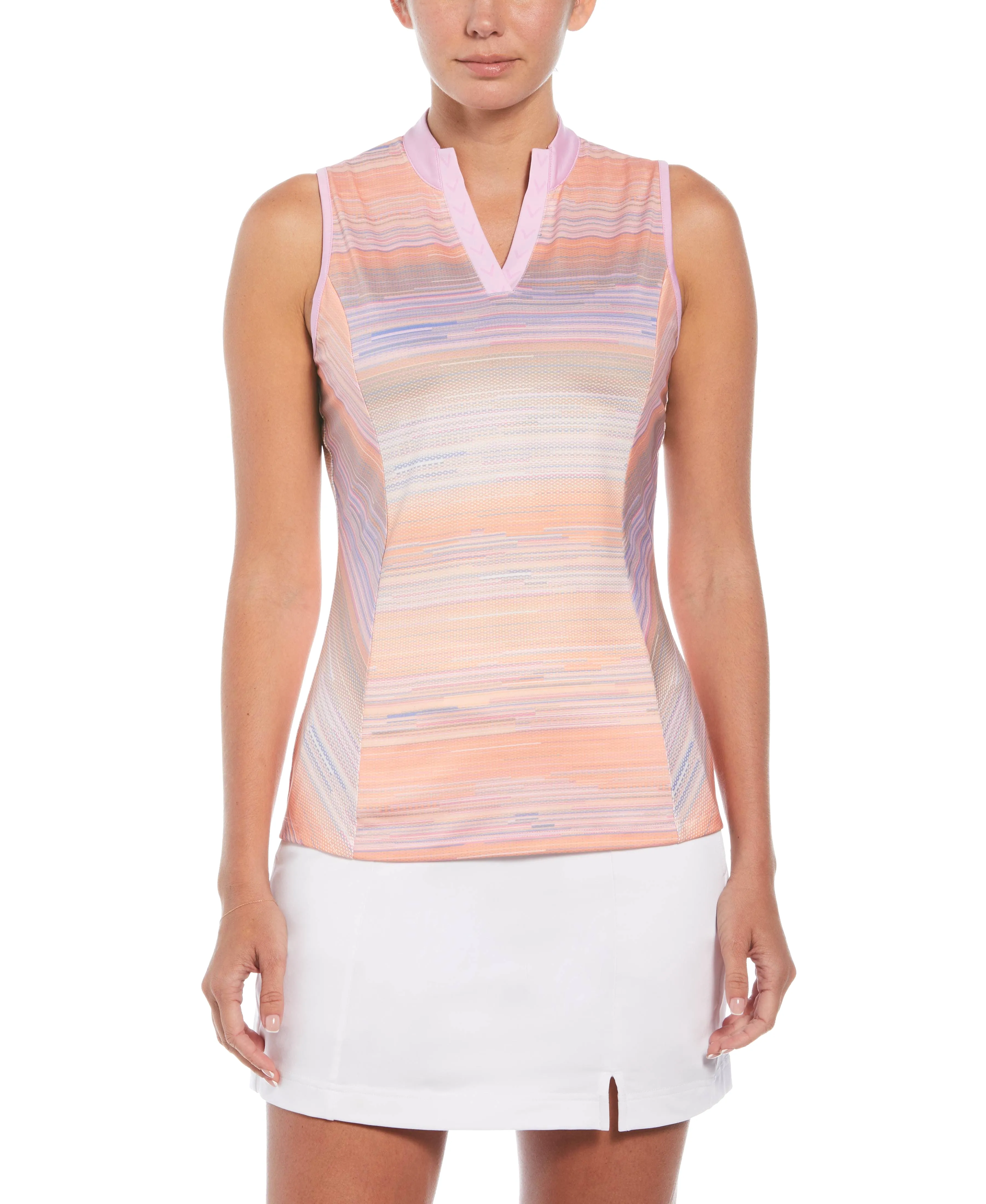 Womens Striped Print Golf Polo with Chevron Placket