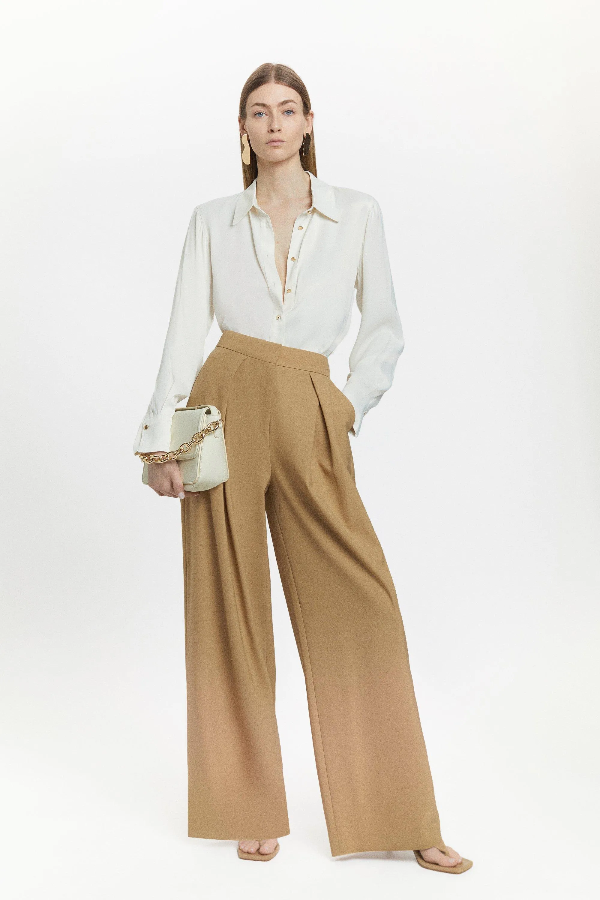 Wool Blend Pleat Detail Wide Leg Trouser | Karen Millen