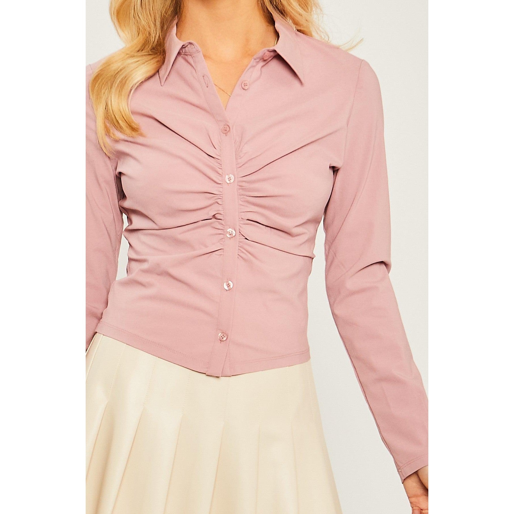 Woven Solid Ruched Front Long Sleeve