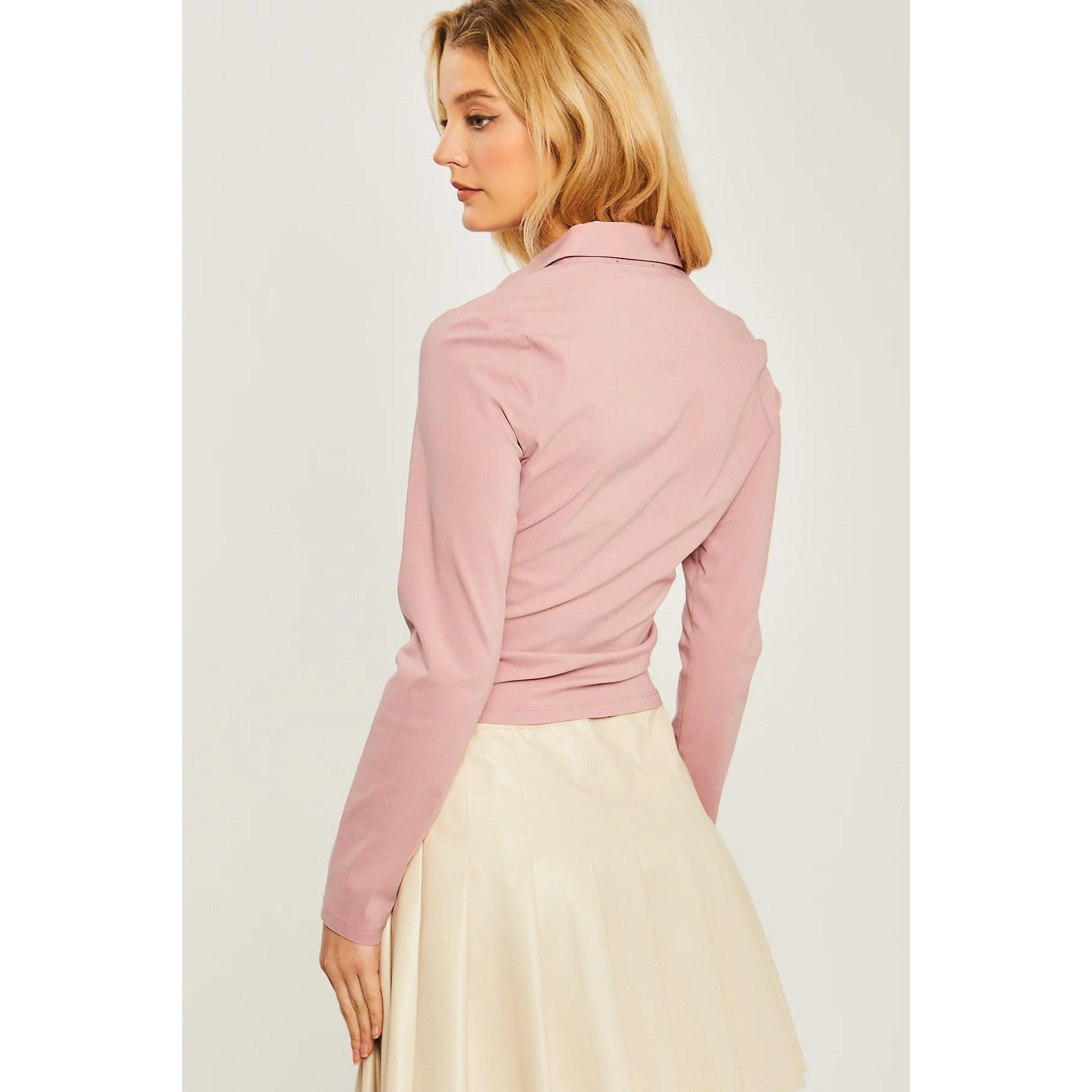 Woven Solid Ruched Front Long Sleeve