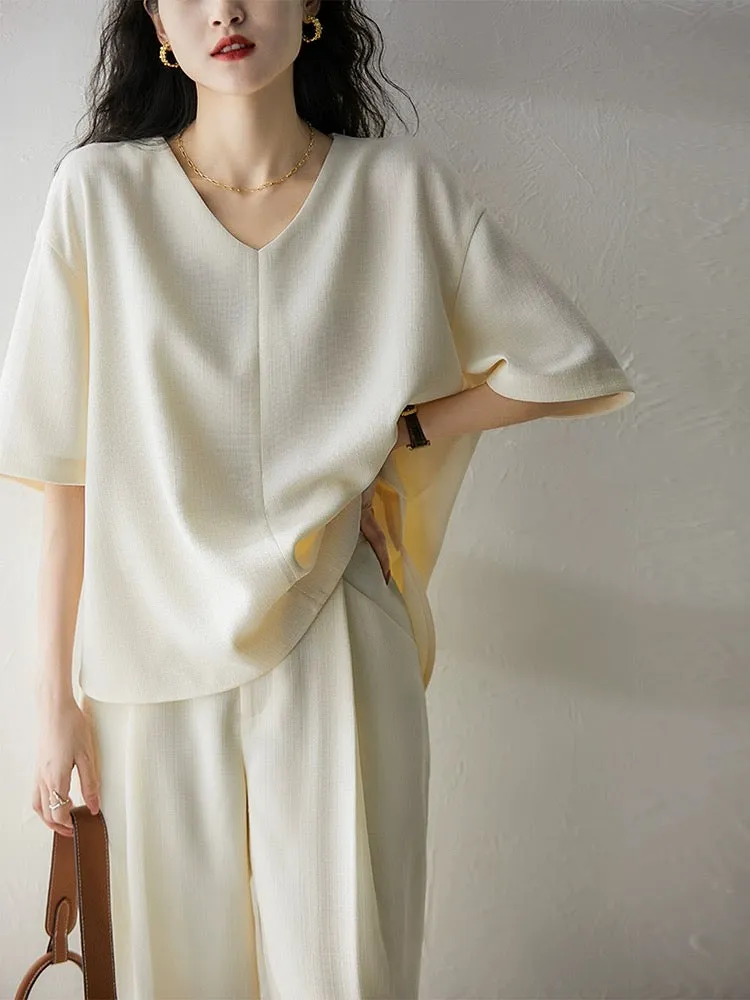 Xiaohange acetic acid imitation linen comfortable V-neck blouse short-sleeved top + carrot casual nine-point trousers