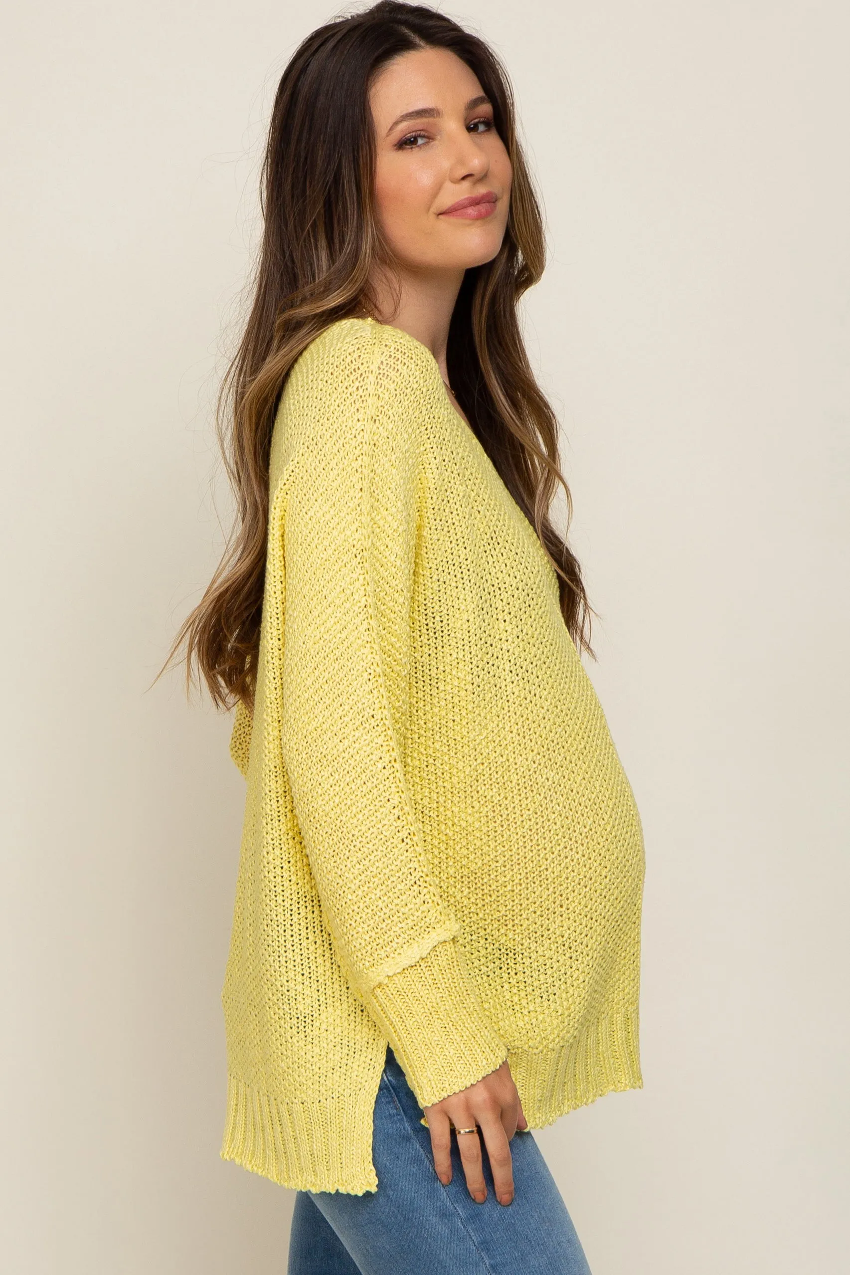 Yellow Chunky Knit Side Slit Maternity Sweater