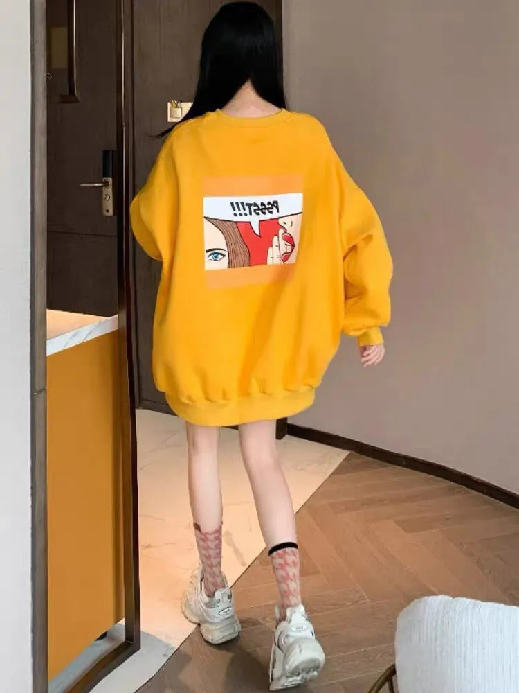 Yellow sweatshirt fashion 2023 new loose thin bf lazy style mid-length autumn and winter coat for women