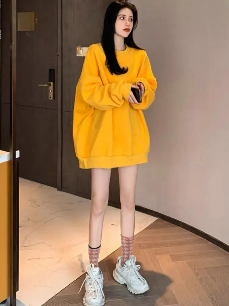 Yellow sweatshirt fashion 2023 new loose thin bf lazy style mid-length autumn and winter coat for women