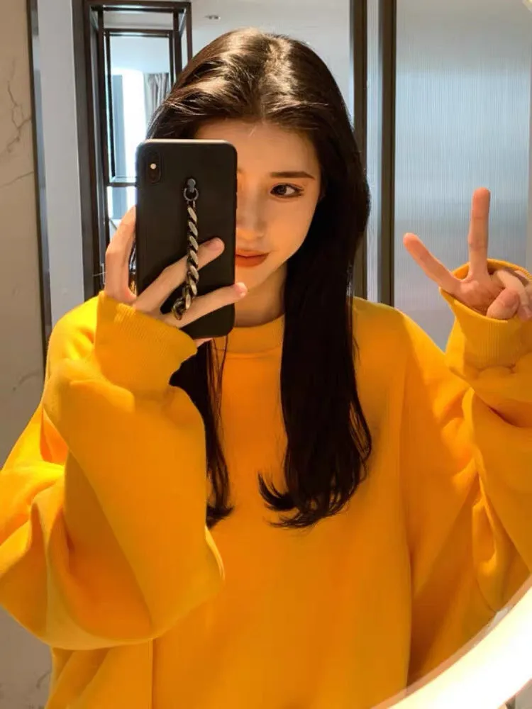 Yellow sweatshirt fashion 2023 new loose thin bf lazy style mid-length autumn and winter coat for women